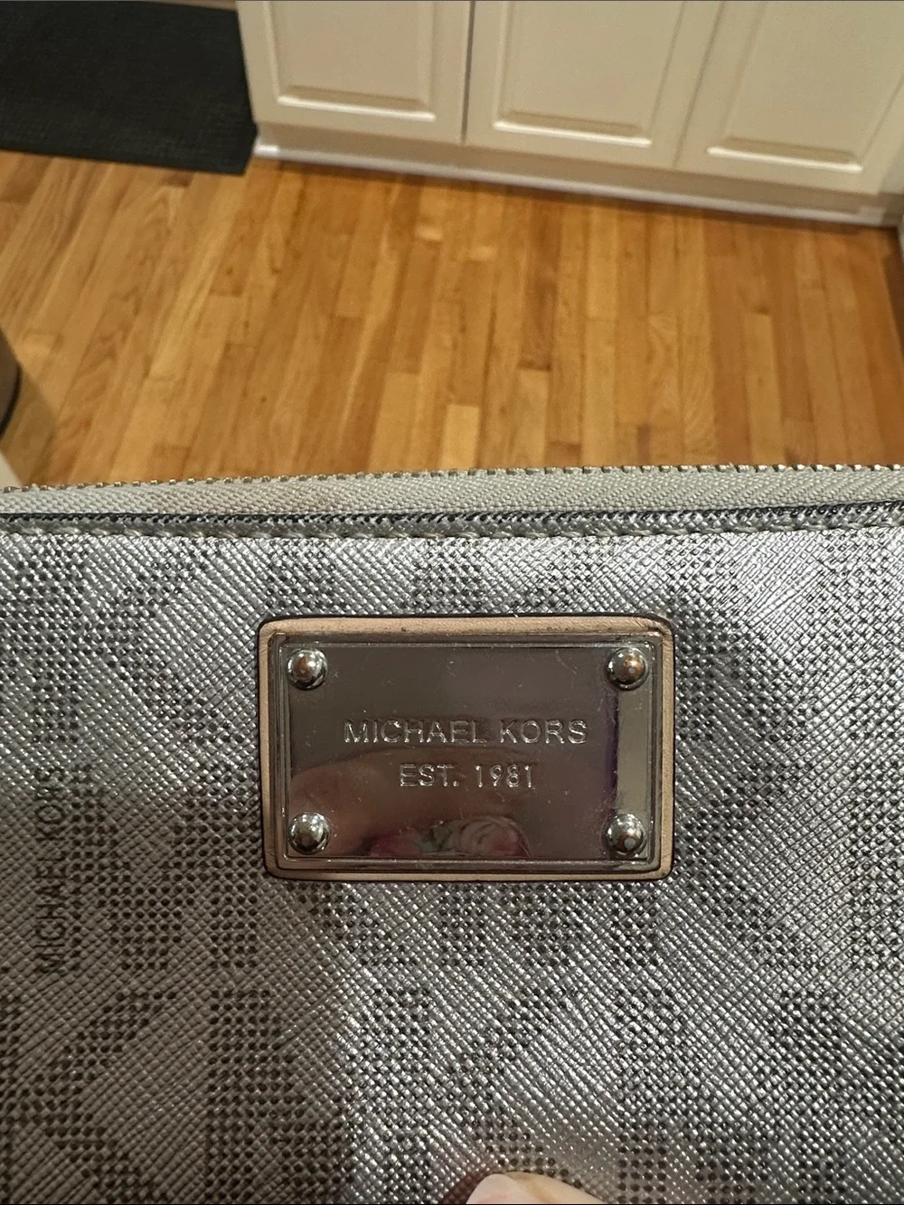 Michael Kors Silver Metallic MK Logo Zip Wallet
